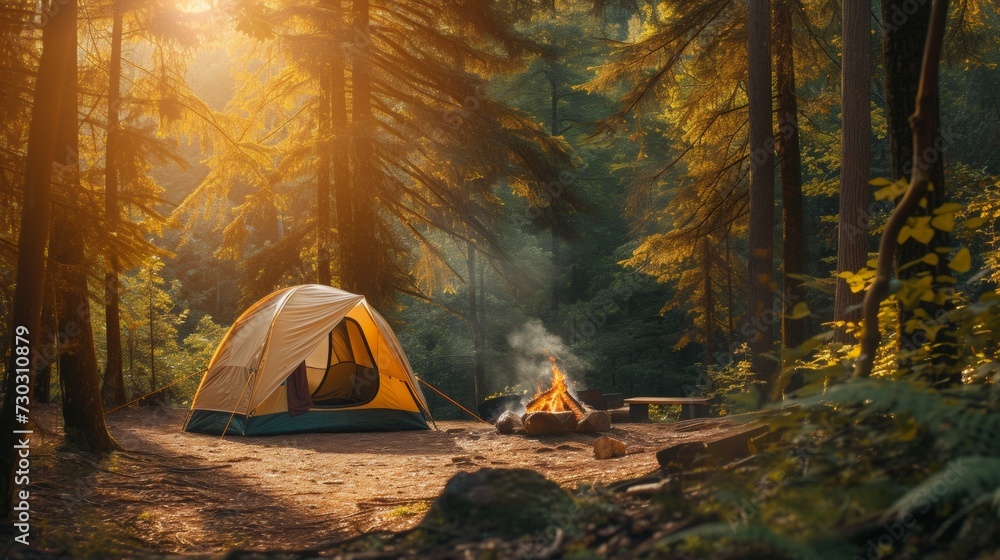 Camping Tent and Camp Fire in Forest