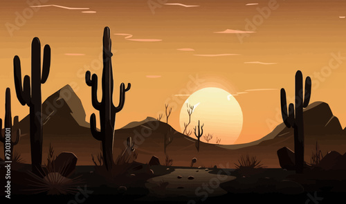 moonlit desert with cacti silhouettes vector simple isolated illustration