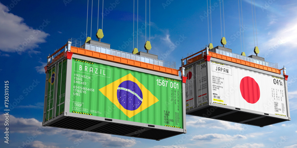 Shipping containers with flags of Brazil and Japan - 3D illustration