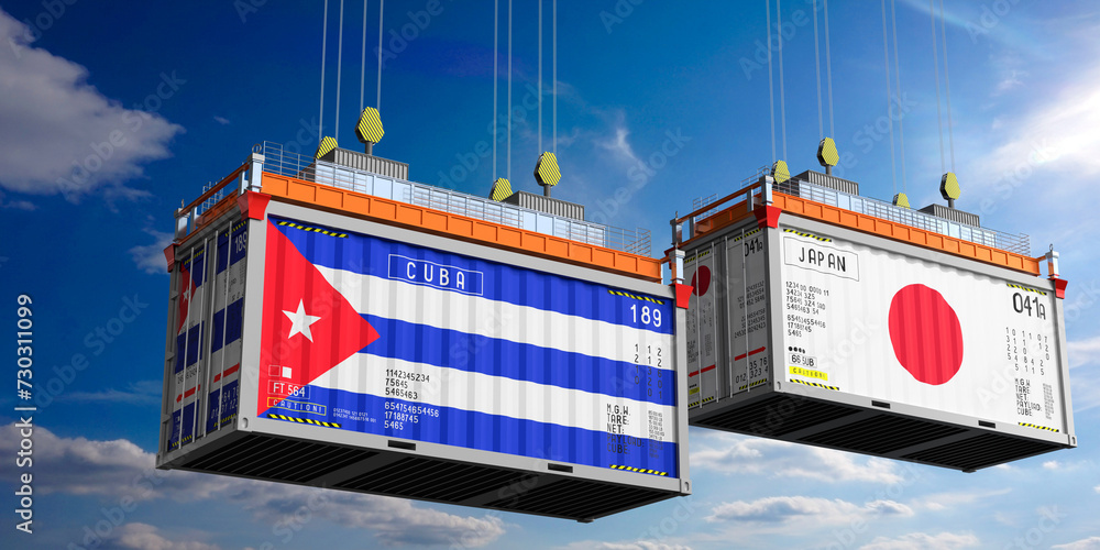 Shipping containers with flags of Cuba and Japan - 3D illustration