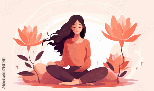 Woman sitting with a flower illustration in the background, good mental health yoga lifestyle selfcare vector