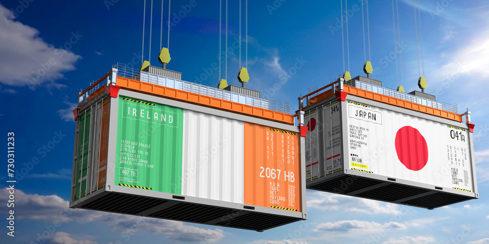 Shipping containers with flags of Ireland and Japan - 3D illustration