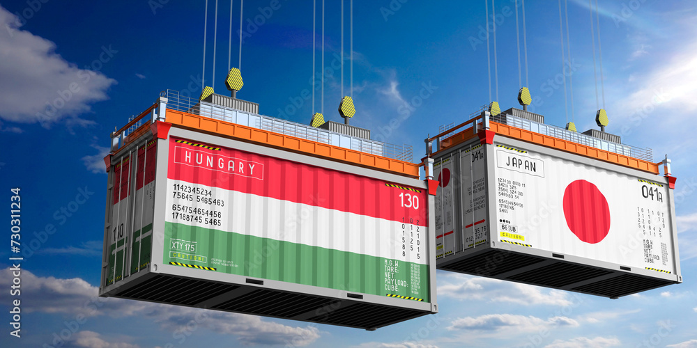 Shipping containers with flags of Hungary and Japan - 3D illustration