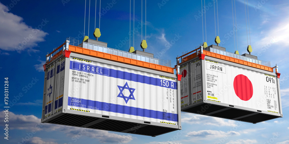 Shipping containers with flags of Israel and Japan - 3D illustration