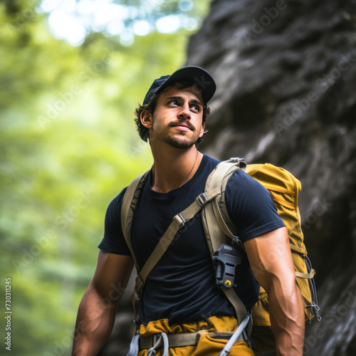 young man climber with backpack