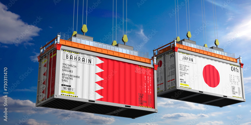 Shipping containers with flags of Bahrain and Japan - 3D illustration