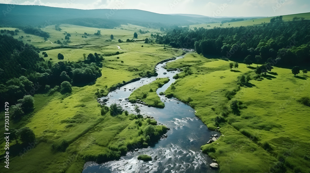mountain river in the mountains,,
Summer rural landscape aerial viewforest and river from drone flight
