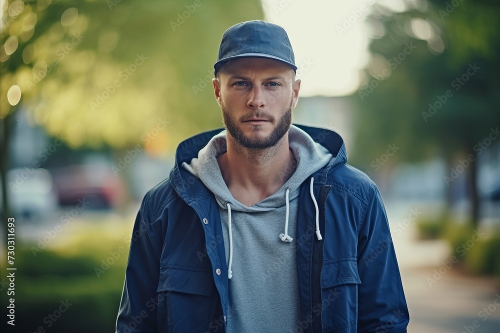 Portrait of a handsome young man in a blue jacket and baseball cap on the street. Portrait of a handsome young man in a blue jacket and baseball cap on the street.