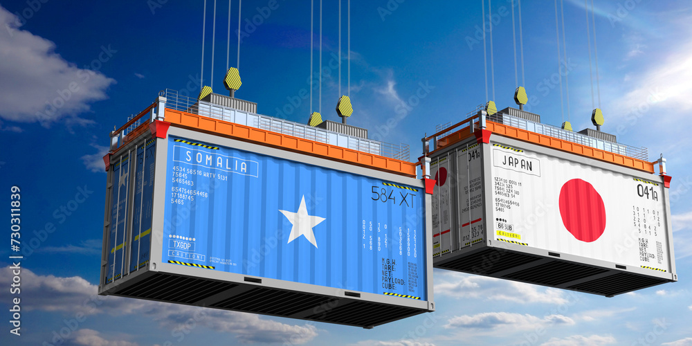 Shipping containers with flags of Somalia and Japan - 3D illustration