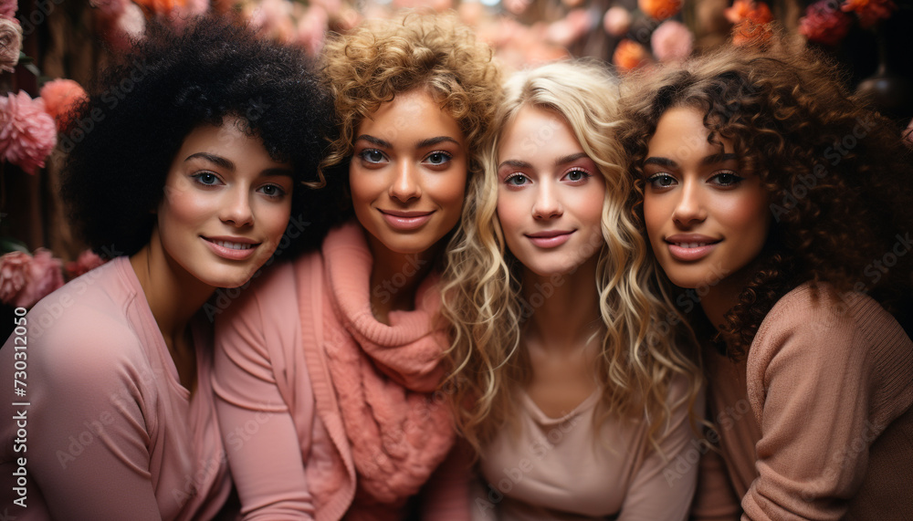 Smiling women, happiness, cheerful, friendship, looking at camera, females generated by AI Smiling women, happiness, cheerful, friendship, looking at camera, females generated by AI