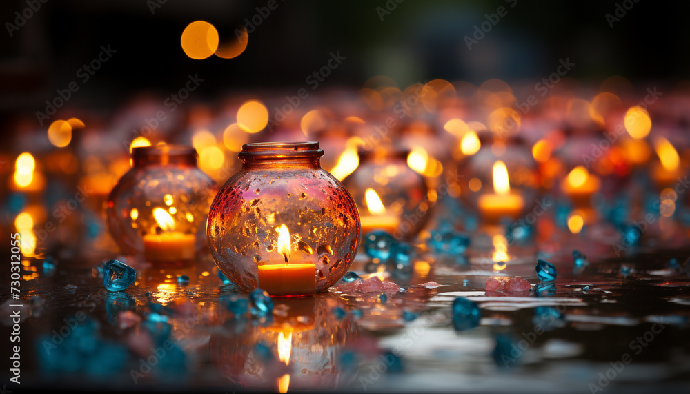 Glowing candle illuminates dark night, symbolizing spirituality and celebration generated by AI Glowing candle illuminates dark night, symbolizing spirituality and celebration generated by AI