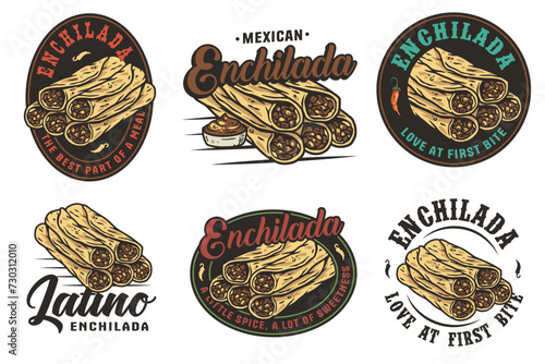 Mexican enchilada set vector with meat and rolled tortilla for logo or emblem. Latin traditional enchiladas collection for restaurant or cafe of Mexico fast food