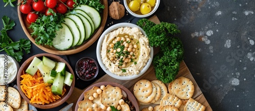 Snack platter with hummus, veggies, grain salad, crackers.