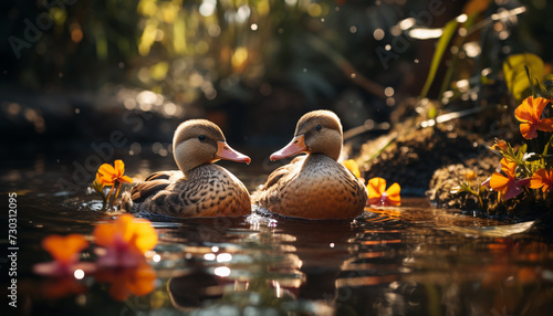 Duck beak reflects beauty in nature, surrounded by water generated by AI photo