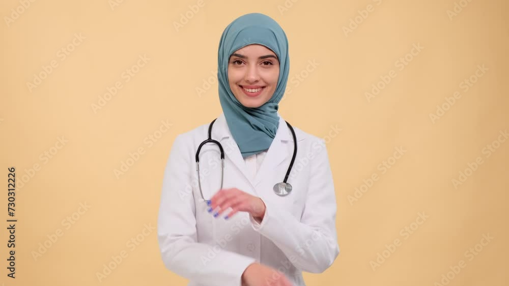 Happy Muslim woman doctor, nurse, scientist or surgeon in hijab and lab coat with crossed arms smiling on beige background. Friendly medical staff, confident physician. Happy Muslim woman doctor, nurse, scientist or surgeon in hijab and lab coat with crossed arms smiling on beige background. Friendly medical staff, confident physician.