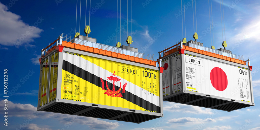 Shipping containers with flags of Brunei and Japan - 3D illustration