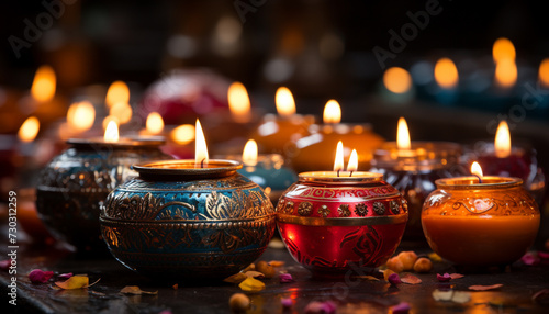 Burning candle illuminates dark night, symbolizing spirituality and celebration generated by AI