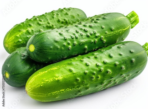Fresh, vibrant green cucumbers isolated on a white background, close-up view.