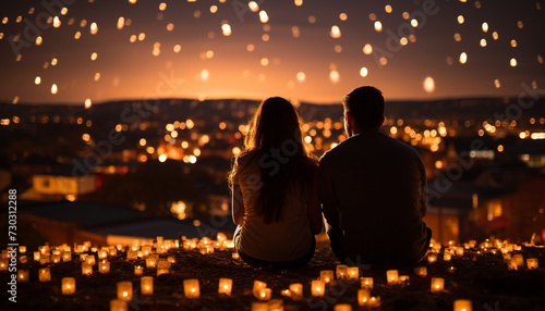 Young couple embracing  enjoying a romantic sunset by the fire generated by AI