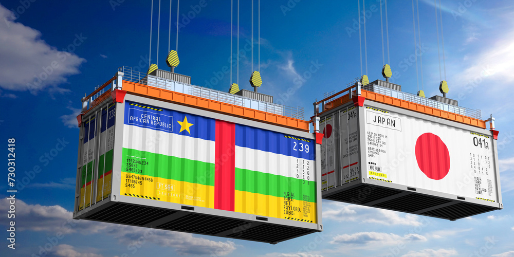 Shipping containers with flags of Central African Republic and Japan - 3D illustration