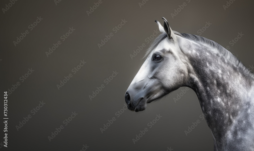 Close up of a white horse's head against a gray background