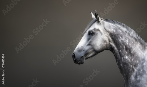 Close up of a white horse s head against a gray background