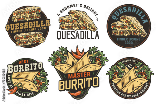 Mexican quesadilla and burrito set vector with cheese and vegetable for logo or emblem. Latin traditional mexican fast food. Mexico food with tortilla and meat for poster or print