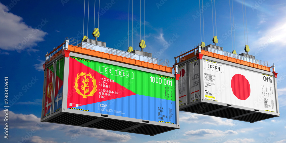 Shipping containers with flags of Eritrea and Japan - 3D illustration