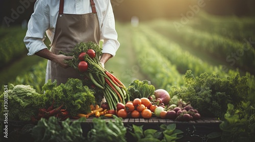Selected fresh vegetables for health. Anonymous chef harvesting fresh vegetables on a organic vegetable farm, concept of healthy food, copy space