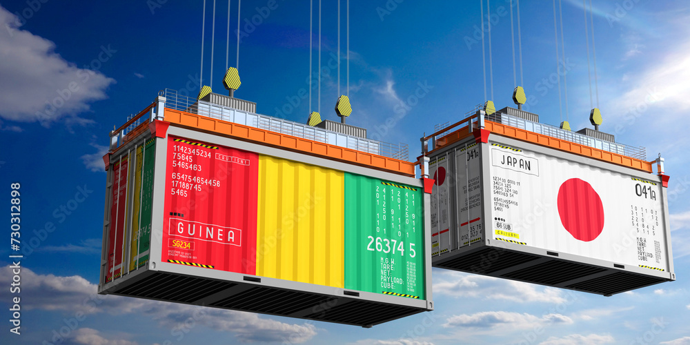 Shipping containers with flags of Guinea and Japan - 3D illustration