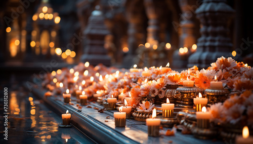 Glowing candlelight illuminates the tranquil night, symbolizing spirituality and love generated by AI