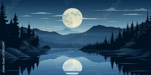 tranquil moonlit lake vector simple 3d smooth cut isolated illustration