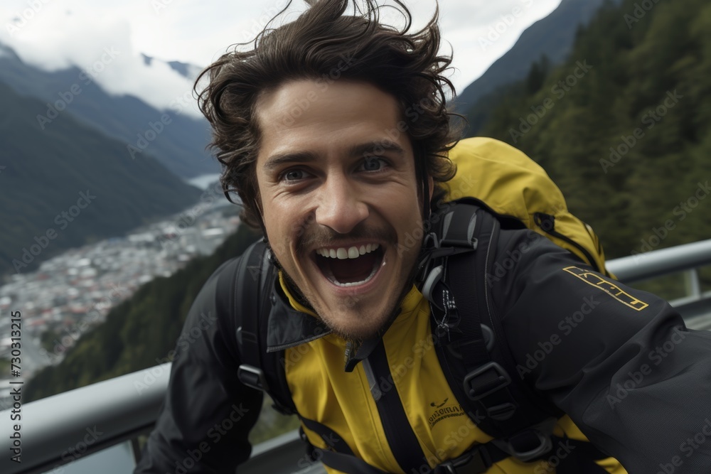 A young male mountain climber celebrates reaching the summit with a view of the valley below him. He is exhilarated and proud of his accomplishment.