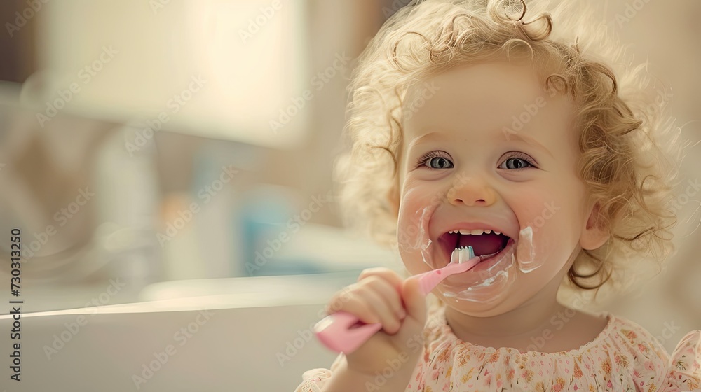 Portrait of a laughing, happy infant girl with curly blonde hair brushing her teeth, showcasing joyful dental hygiene Portrait of a laughing, happy infant girl with curly blonde hair brushing her teeth, showcasing joyful dental hygiene