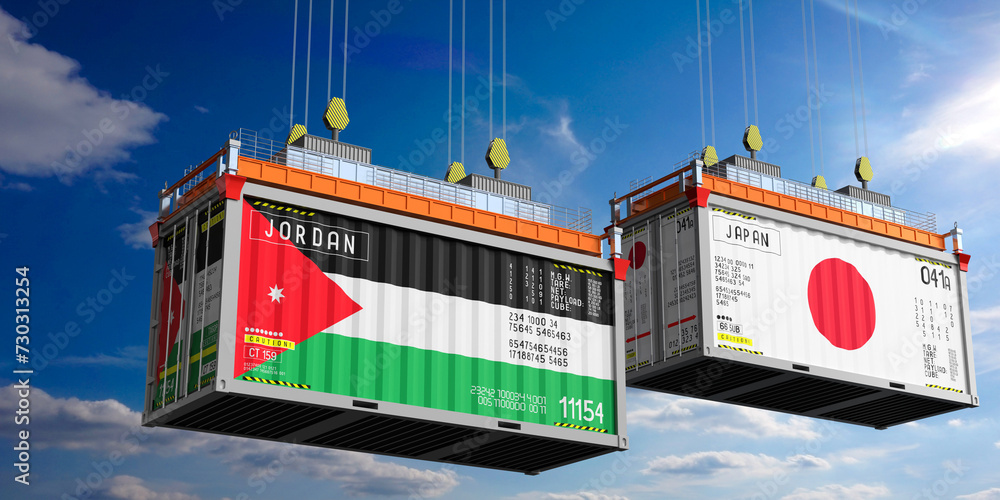 Shipping containers with flags of Jordan and Japan - 3D illustration