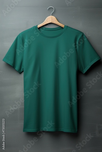 Emerald t shirt is seen against a gray wall