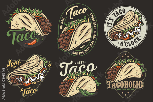 Mexican taco set vector with meat and vegetable for logo or emblem. Latin traditional taco collection for restaurant or cafe of Mexico fast food