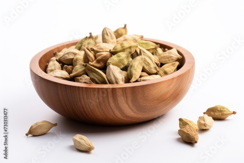 Dried cardamom seeds in wooden bowl