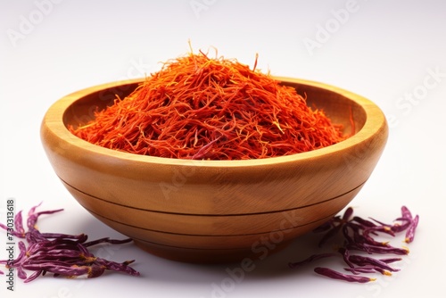 Dry saffron flowers in wooden bowl