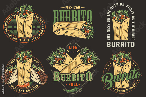Burrito set mexican food vector with meat and vegetable for logo or emblem. Traditional burritos latin fast food collection