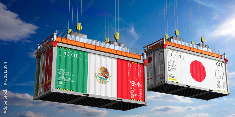 Shipping containers with flags of Mexico and Japan - 3D illustration