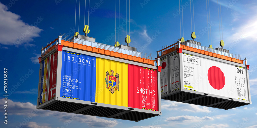 Shipping containers with flags of Moldova and Japan - 3D illustration