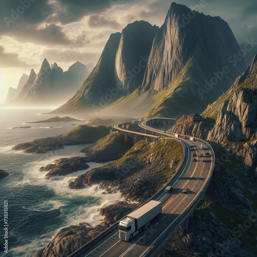 A truck carrying goods on a coastal highway surrounded by gigantic mountains, hd, 4k