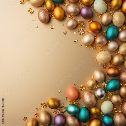 Gold background with colorful easter eggs round frame texture