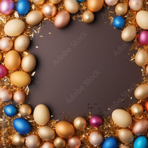 Gold background with colorful easter eggs round frame texture