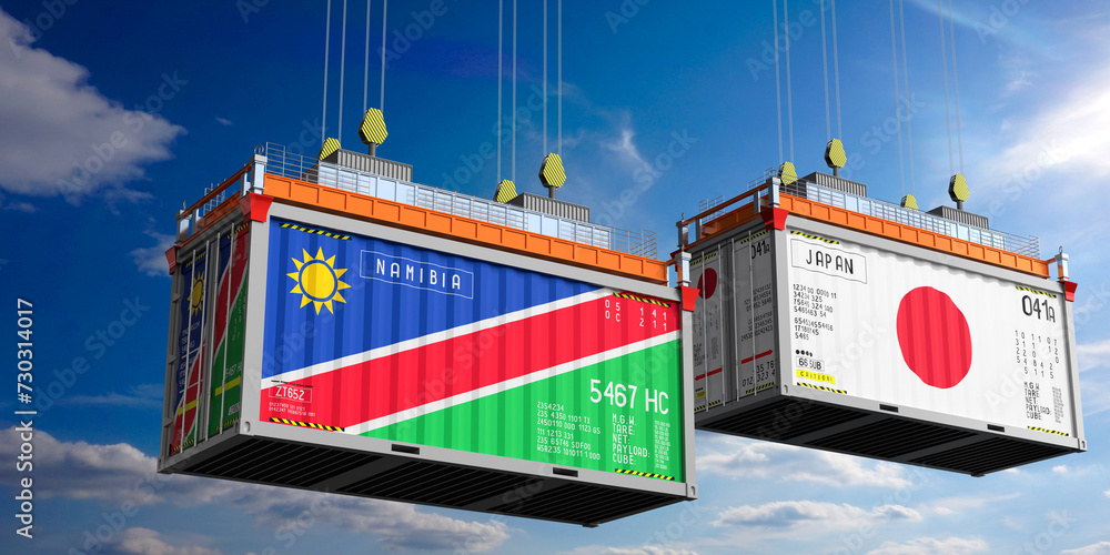 Shipping containers with flags of Namibia and Japan - 3D illustration