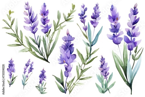 Lavender flowers, leaves and branches set