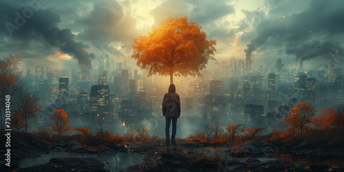Mann steht auf einen Hügel mit Blick in die Landschaft großer Hochhäuser und einen rießigen Baum, ai generativ