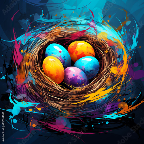 happy easter day free easter day images, in the style of dark cyan and sky-blue, bright, pop art-inspired colors, tangled nests, rounded, dark purple and light orange, glossy finish photo