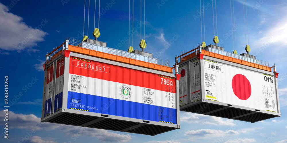 Shipping containers with flags of Paraguay and Japan - 3D illustration